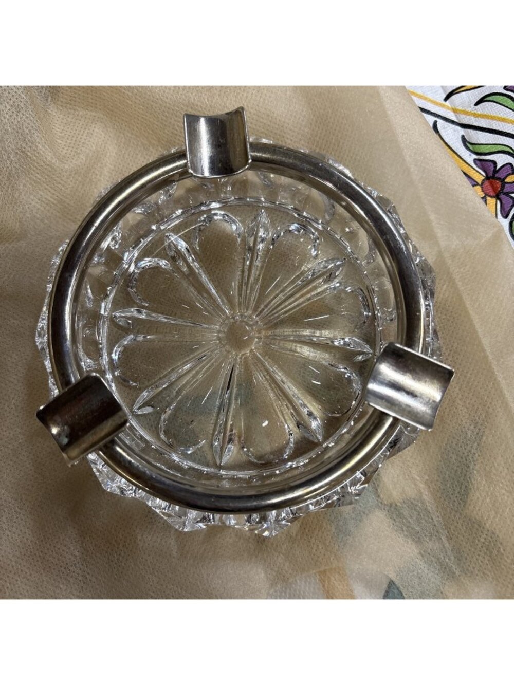 Vintage Silver-plate West Germany Ashtray - Pressed Glass Starburst 1950s-70s